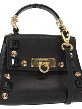 Salvatore Ferragamo Gancini Hand Bag Leather 2way Black Gold Auth 151370
